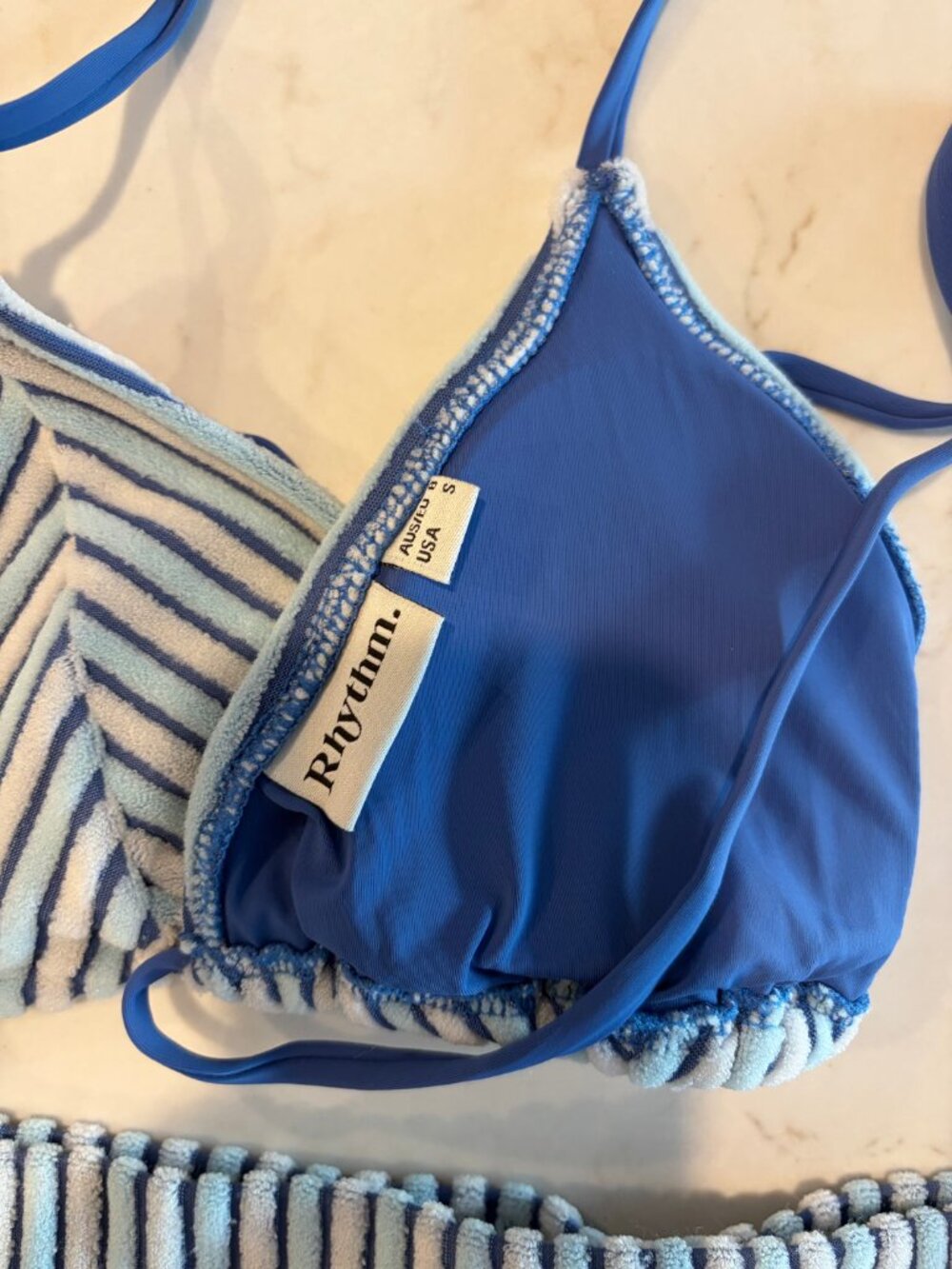 Rhythm Terry Tri Bikini Top + Shorts Set Blue Stripe S - Picture 3 of 3